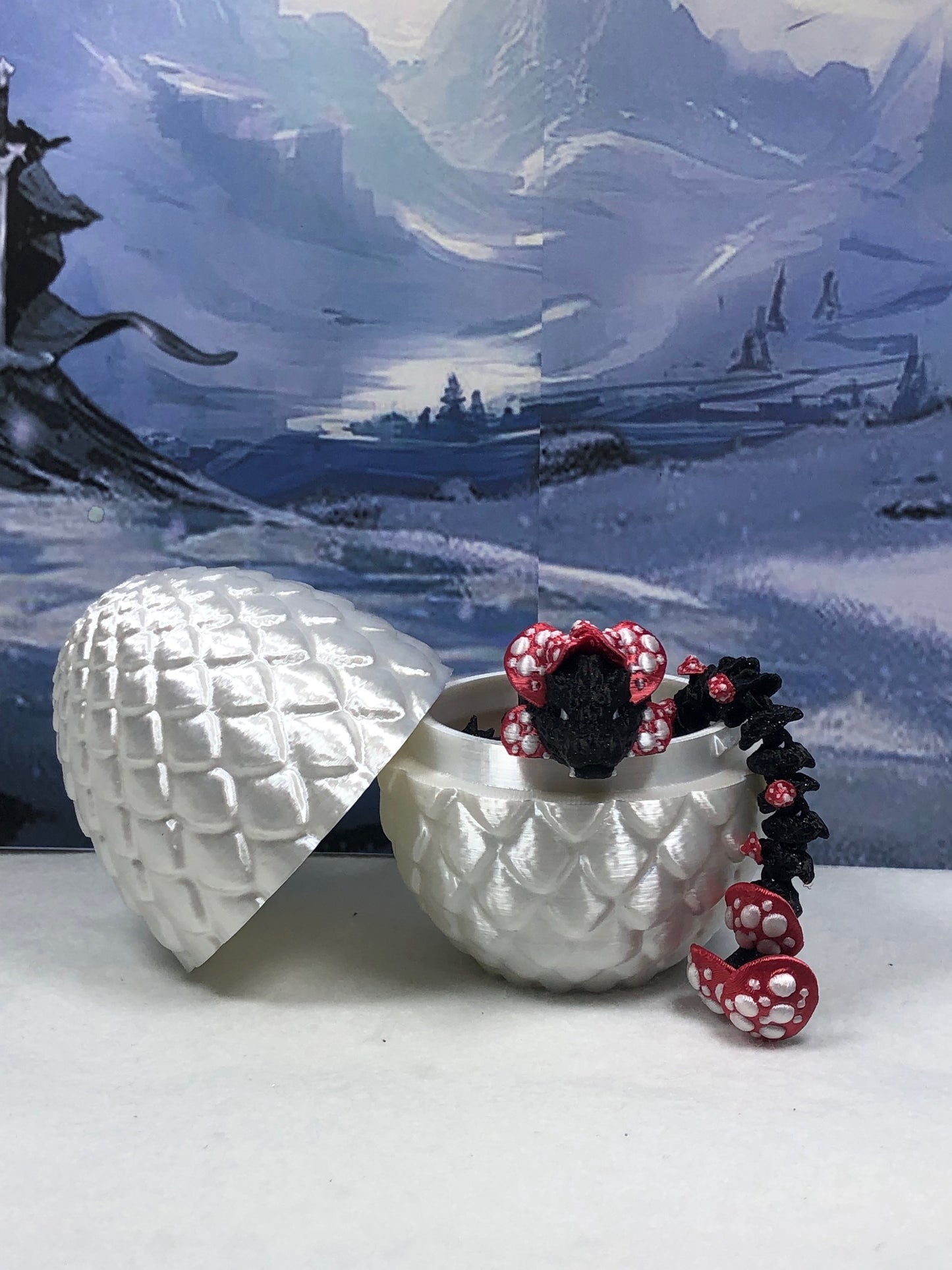 3D Printed Dragon with Dragon Egg, 12" Articulated Black and Red Mushroom Dragon, Fidget ADHD Autism Toy, Executive Desk Toy D038-WE