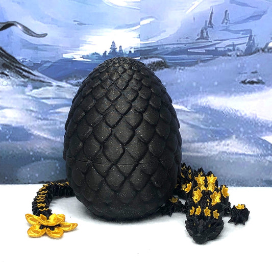 3D Printed Dragon with Dragon Egg, Articulated Dragon, 12" Black and Gold Cherry Blossom Dragon, Fidget Sensory Toy, Flexible ADHD, Autism, Relief Anxiety D043