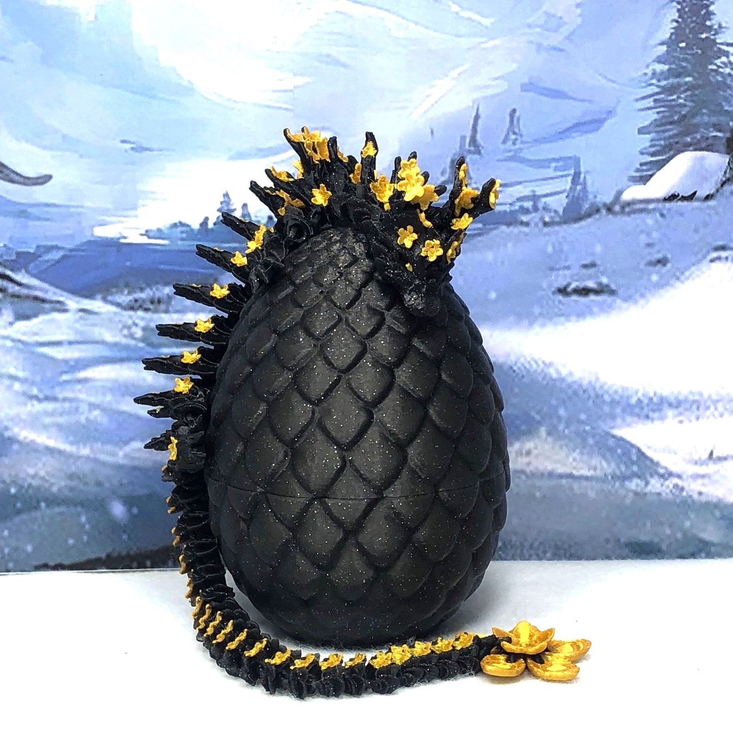 3D Printed Dragon with Dragon Egg, Articulated Dragon, 12" Black and Gold Cherry Blossom Dragon, Fidget Sensory Toy, Flexible ADHD, Autism, Relief Anxiety D043