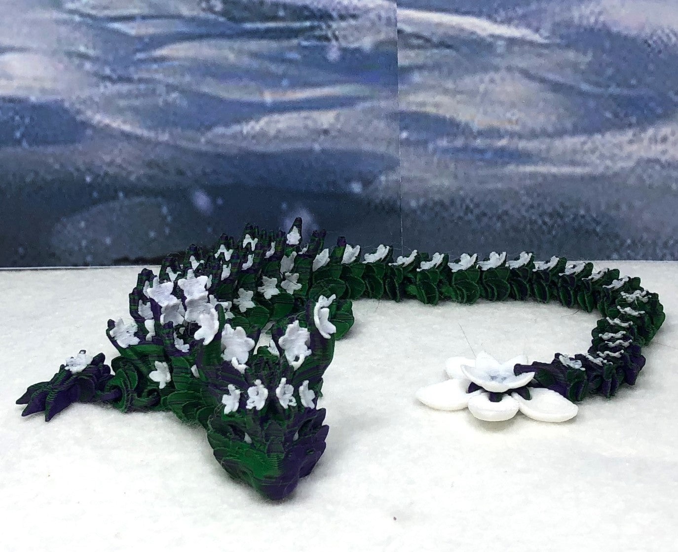 3D Printed Articulated Dragon with Dragon Egg, Articulated Dragon,12" Green Purple and White Cherry Blossom Dragon, Fidget Anxiety Toy, Executive Desk Toy D044