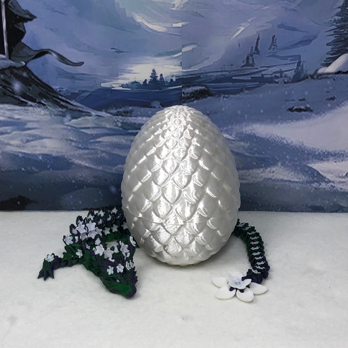 3D Printed Articulated Dragon with Dragon Egg, Articulated Dragon,12" Green Purple and White Cherry Blossom Dragon, Fidget Anxiety Toy, Executive Desk Toy D044