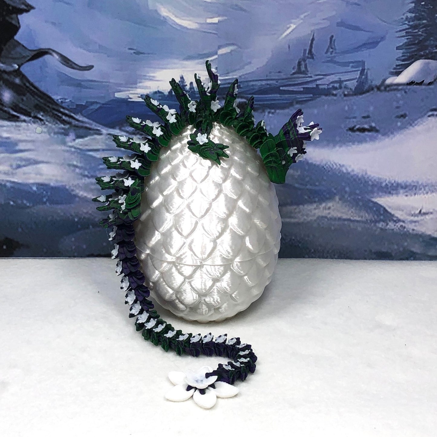 3D Printed Articulated Dragon with Dragon Egg, Articulated Dragon,12" Green Purple and White Cherry Blossom Dragon, Fidget Anxiety Toy, Executive Desk Toy D044