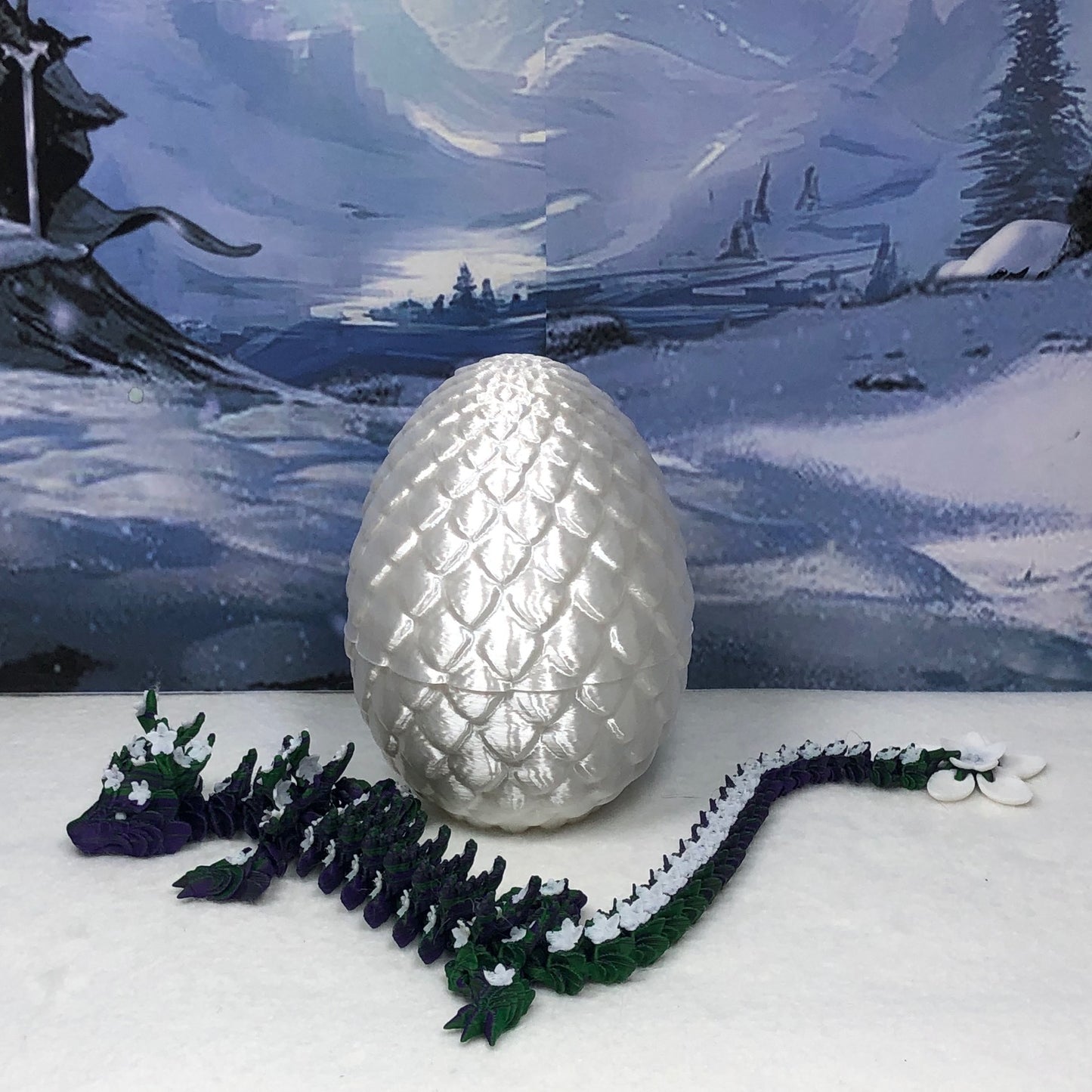 3D Printed Articulated Dragon with Dragon Egg, Articulated Dragon,12" Green Purple and White Cherry Blossom Dragon, Fidget Anxiety Toy, Executive Desk Toy D044