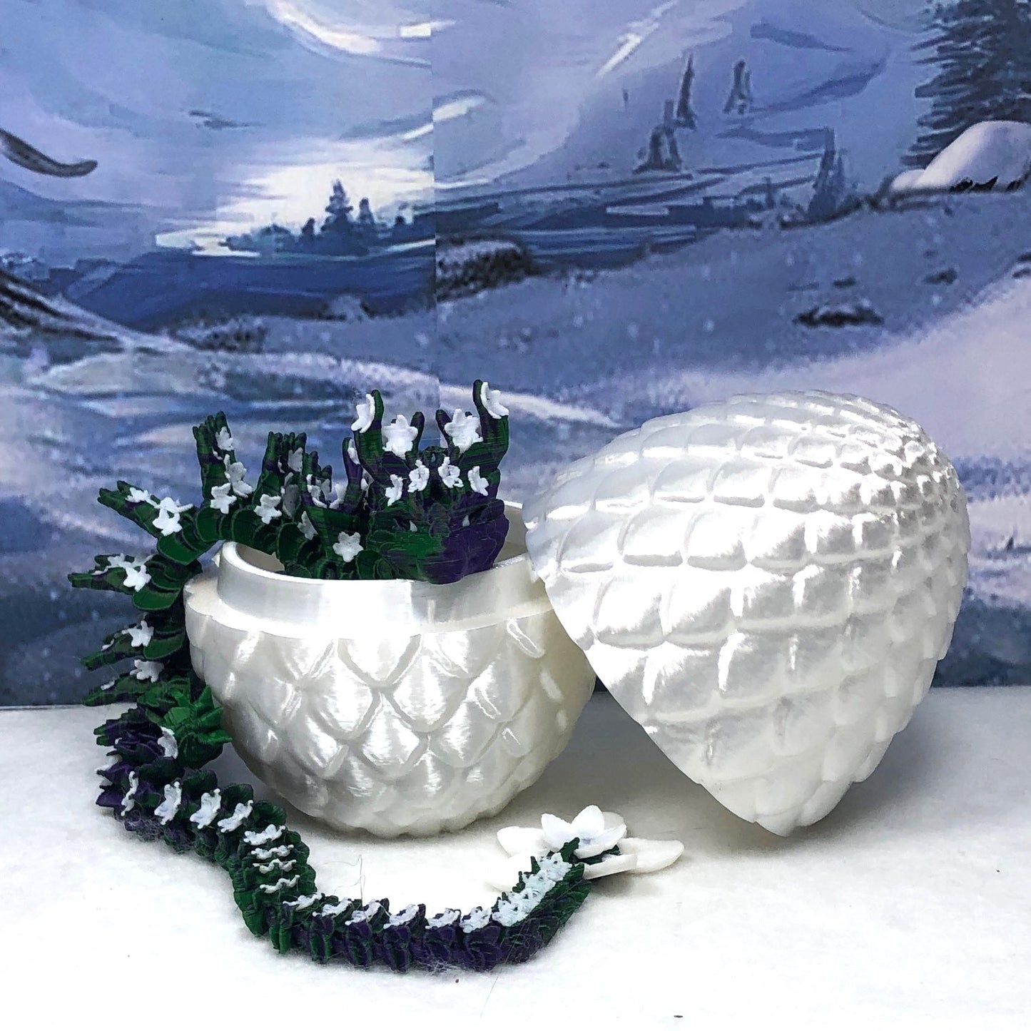 3D Printed Articulated Dragon with Dragon Egg, Articulated Dragon,12" Green Purple and White Cherry Blossom Dragon, Fidget Anxiety Toy, Executive Desk Toy D044