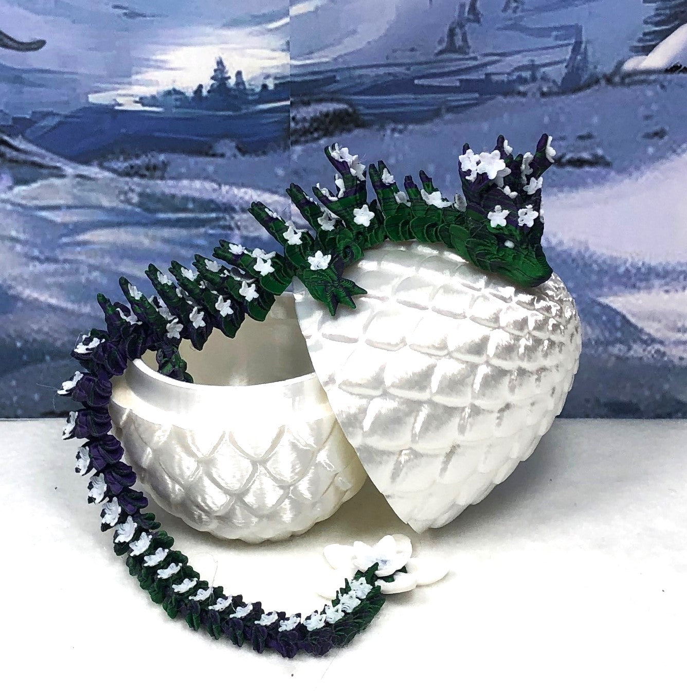 3D Printed Articulated Dragon with Dragon Egg, Articulated Dragon,12" Green Purple and White Cherry Blossom Dragon, Fidget Anxiety Toy, Executive Desk Toy D044