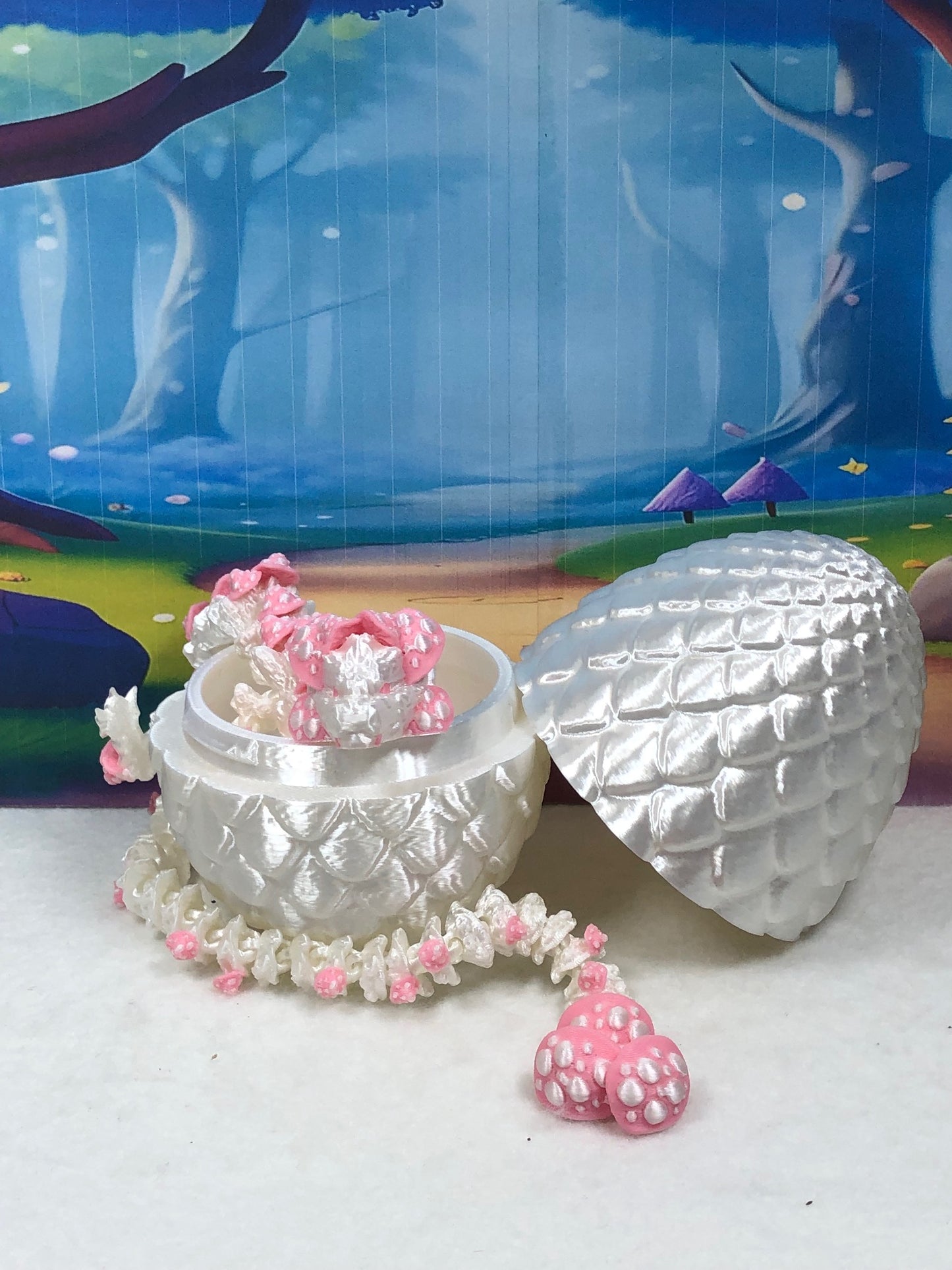 3D Printed Dragon with Dragon Egg , 12" Articulated White and Pink Mushroom Dragon, Fidget Anxiety Toy, Executive Desk Toy D046WP-WE