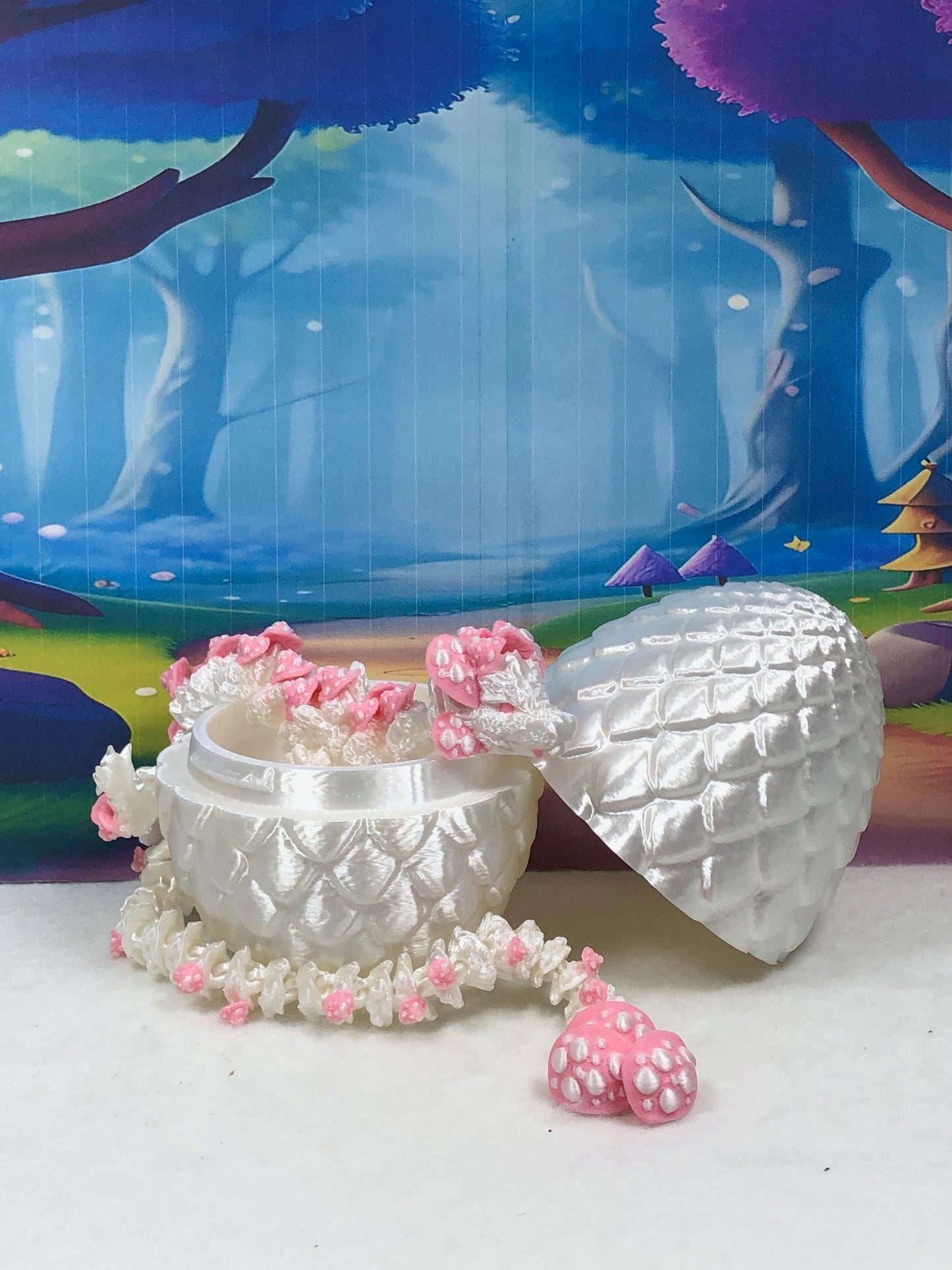 3D Printed Dragon with Dragon Egg , 12" Articulated White and Pink Mushroom Dragon, Fidget Anxiety Toy, Executive Desk Toy D046WP-WE