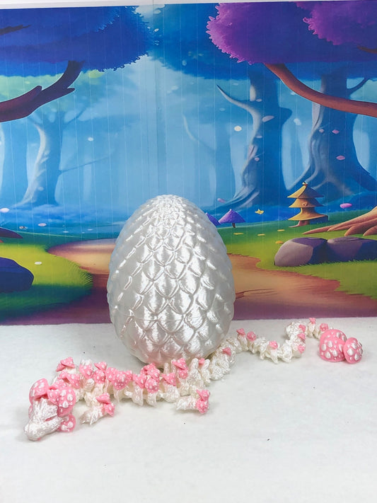 3D Printed Dragon with Dragon Egg , 12" Articulated White and Pink Mushroom Dragon, Fidget Anxiety Toy, Executive Desk Toy D046WP-WE