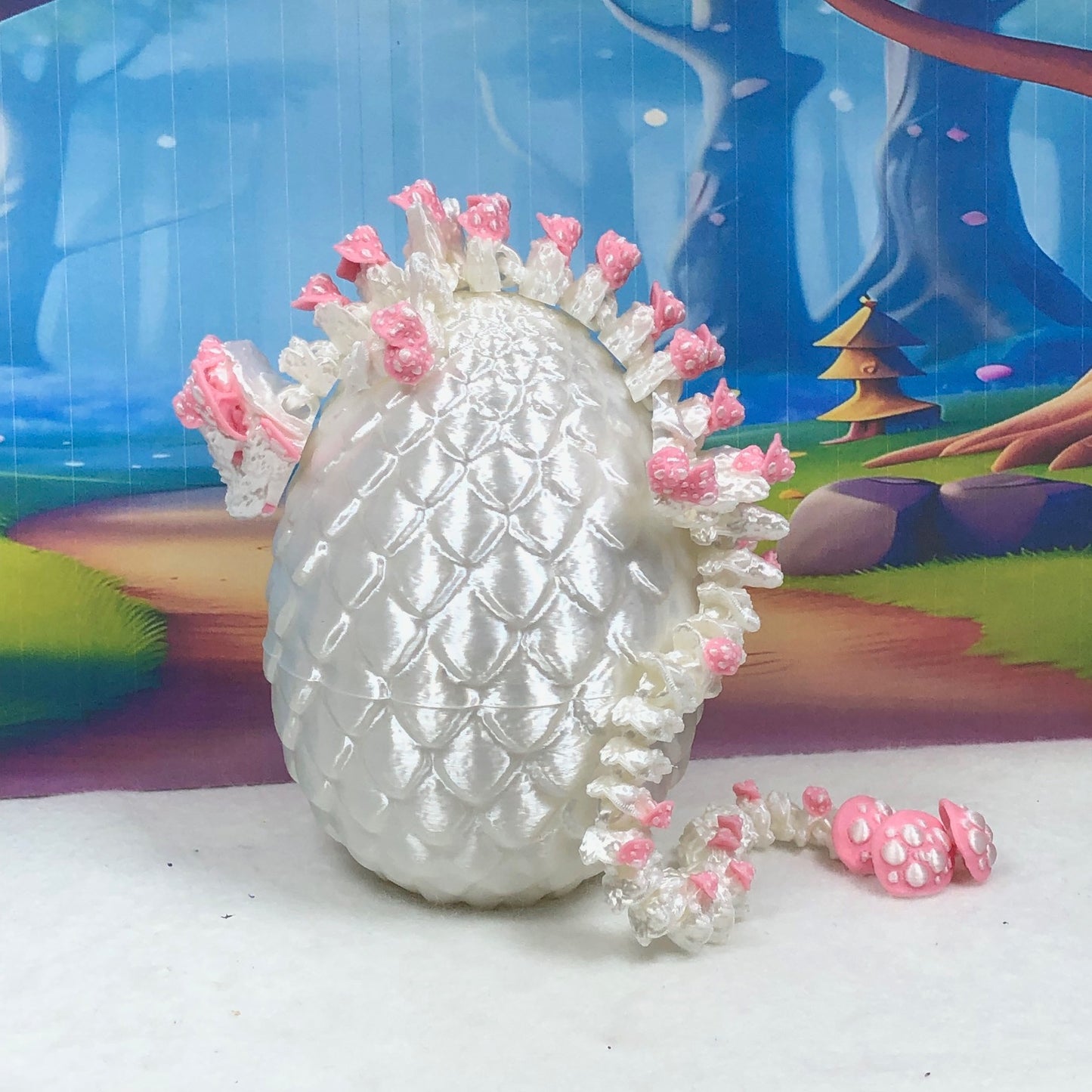 3D Printed Dragon with Dragon Egg , 12" Articulated White and Pink Mushroom Dragon, Fidget Anxiety Toy, Executive Desk Toy D046WP-WE