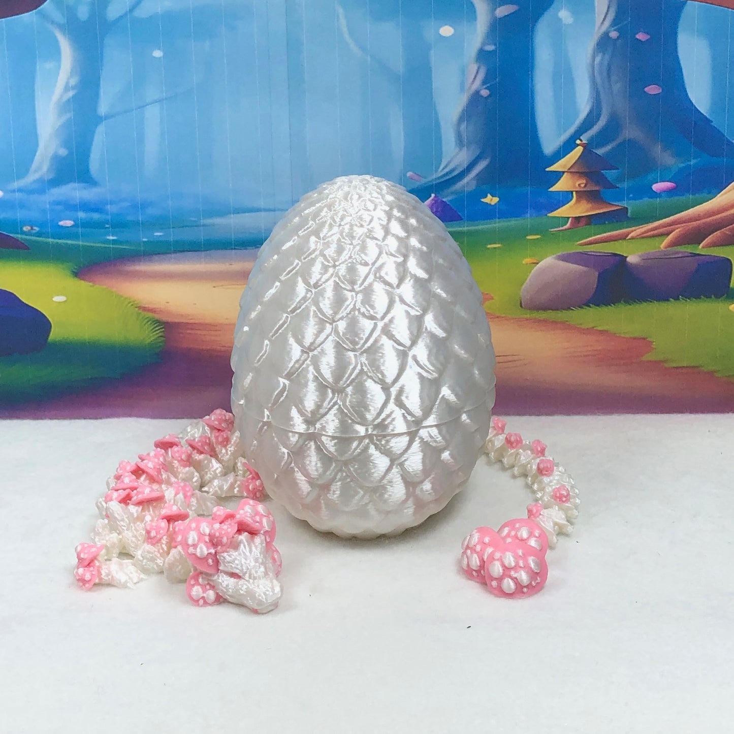 3D Printed Dragon with Dragon Egg , 12" Articulated White and Pink Mushroom Dragon, Fidget Anxiety Toy, Executive Desk Toy D046WP-WE