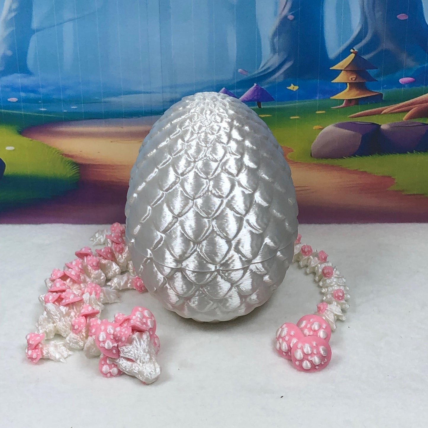 3D Printed Dragon with Dragon Egg , 12" Articulated White and Pink Mushroom Dragon, Fidget Anxiety Toy, Executive Desk Toy D046WP-WE