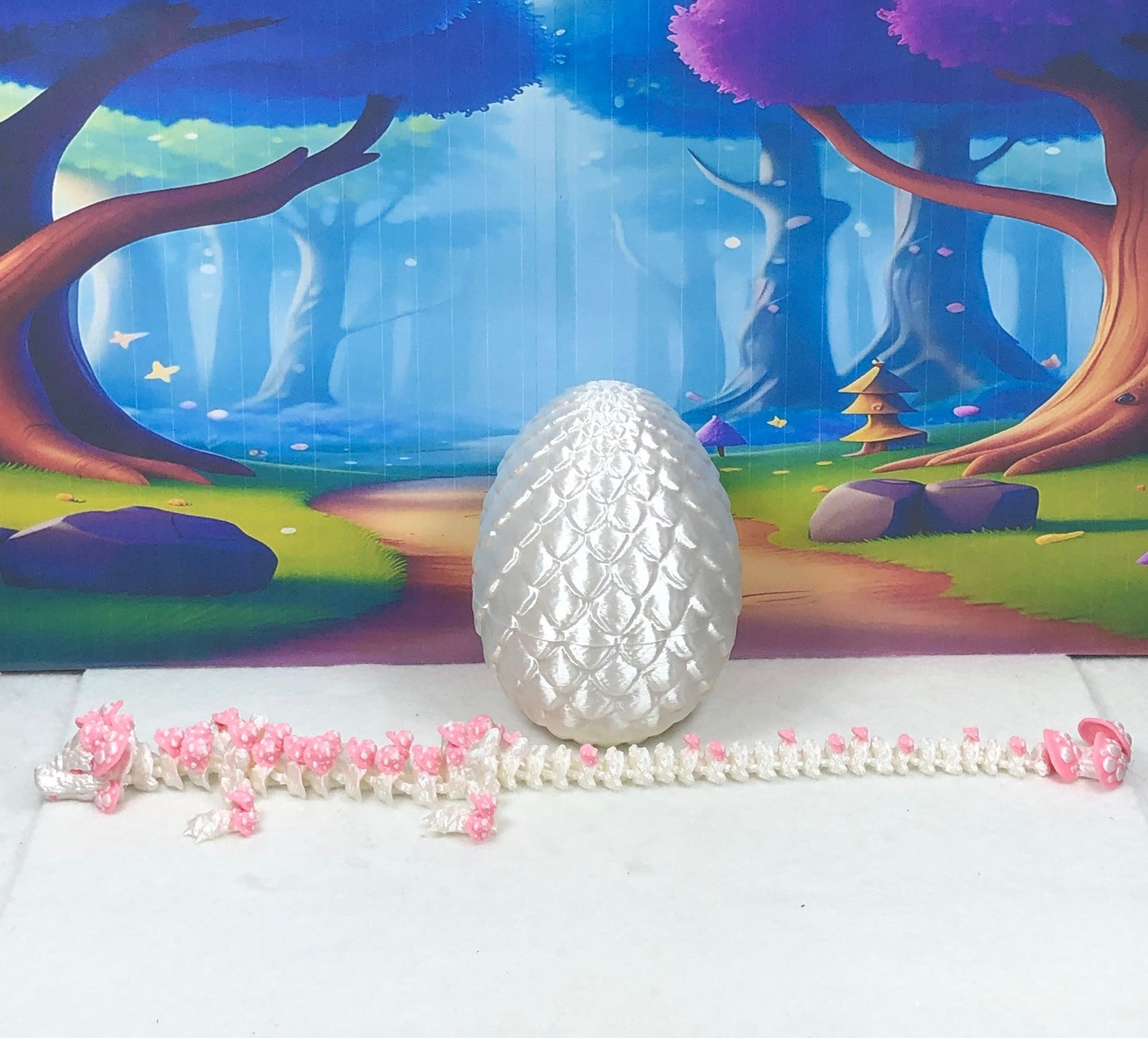 3D Printed Dragon with Dragon Egg , 12" Articulated White and Pink Mushroom Dragon, Fidget Anxiety Toy, Executive Desk Toy D046WP-WE