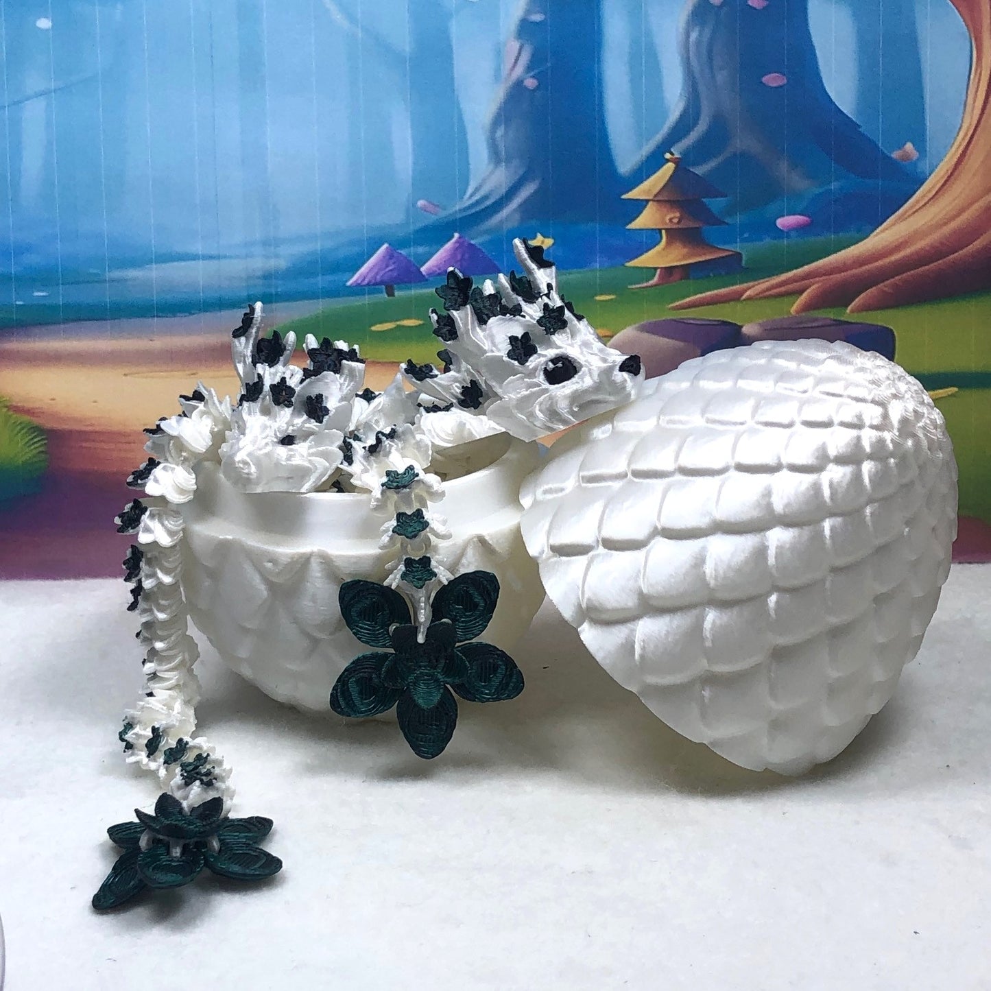 2pcs 3D Printed Dragons with Dragon Egg, Articulated White and Green Cherry Blossom Dragons, 3D Printed Gift Birthday Party, Fidget ADHD Autism Toy MCD-017-004-BEG