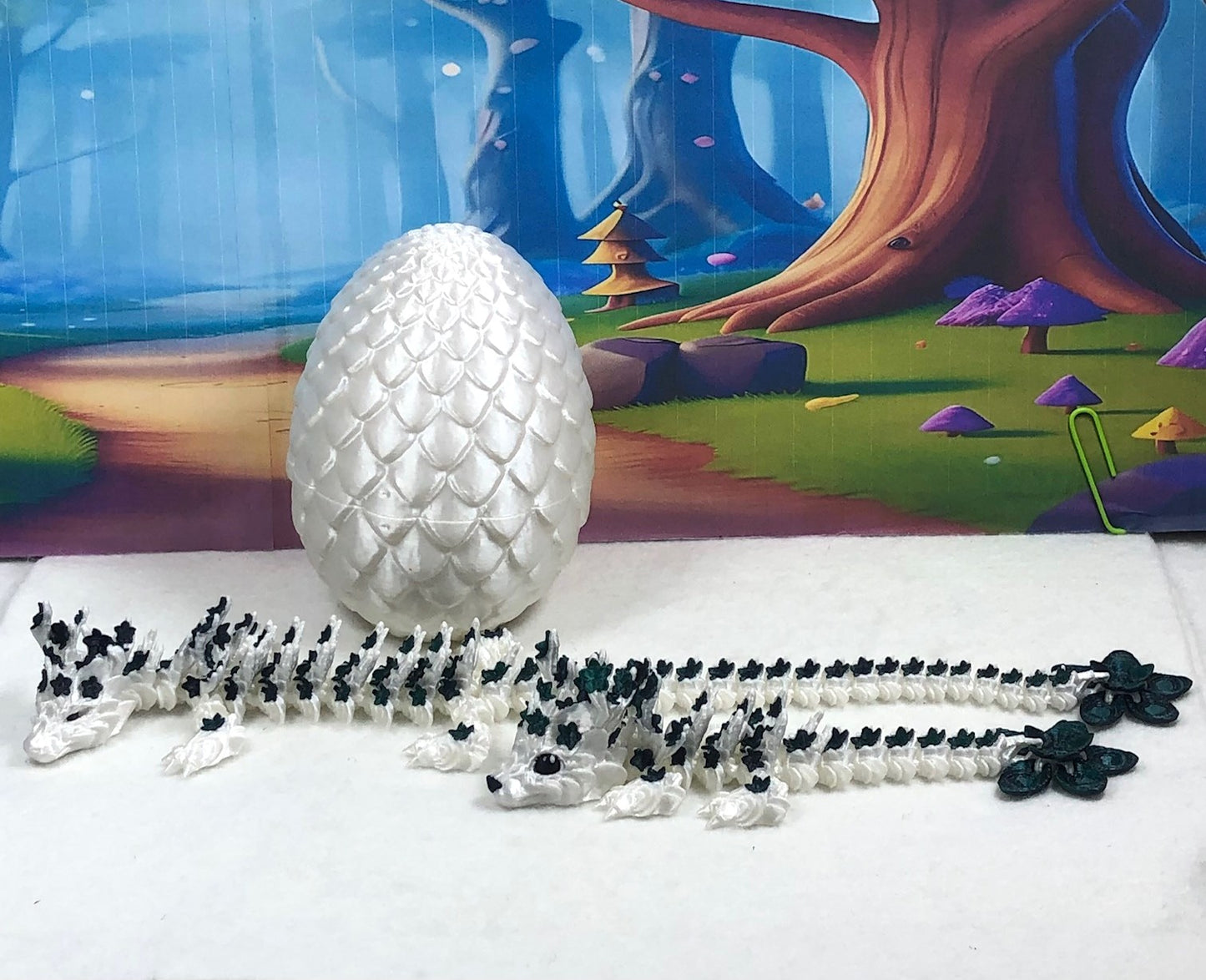 2pcs 3D Printed Dragons with Dragon Egg, Articulated White and Green Cherry Blossom Dragons, 3D Printed Gift Birthday Party, Fidget ADHD Autism Toy MCD-017-004-BEG