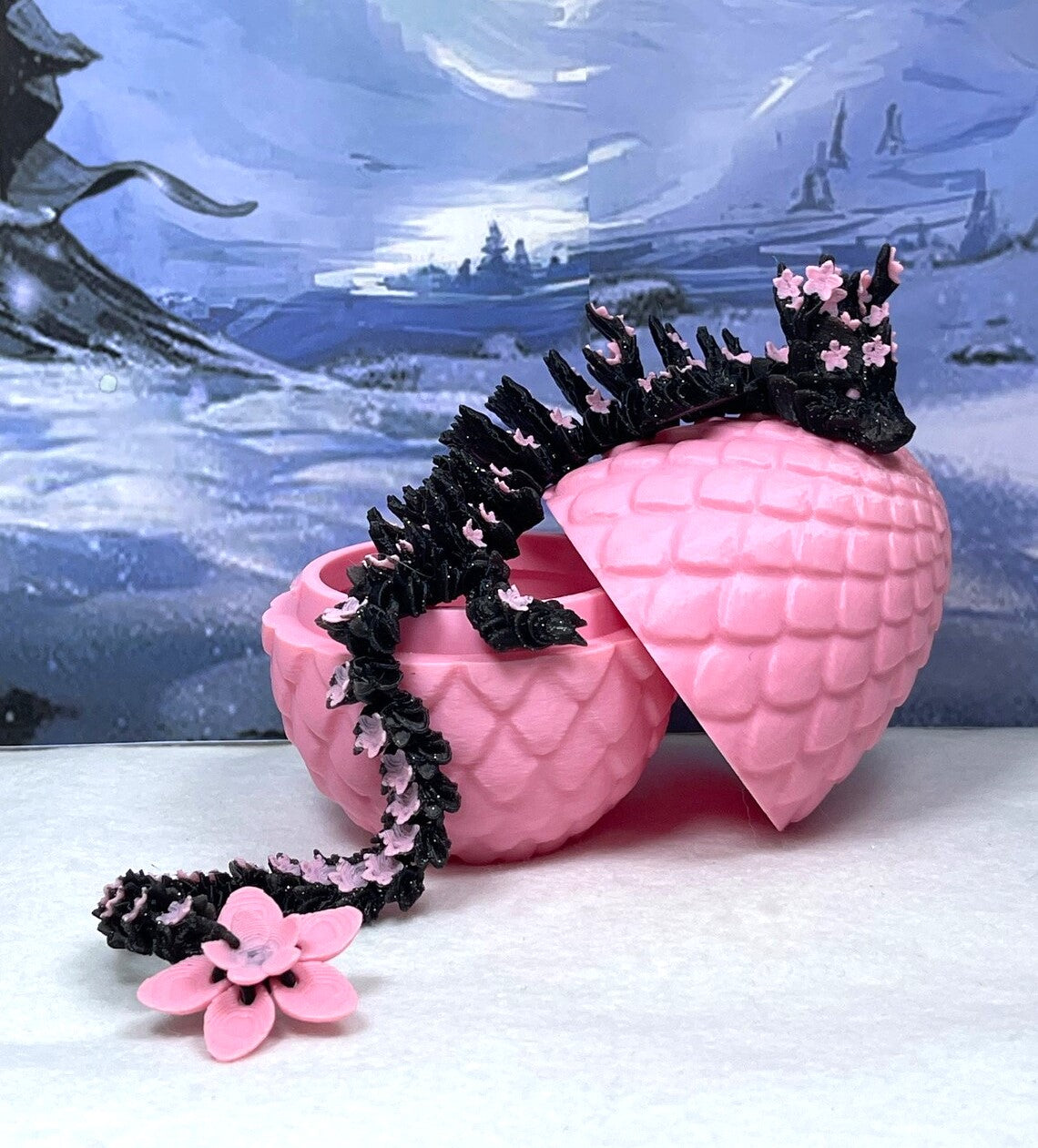 3D Printed Dragon with Dragon Egg, Articulated Dragon, 12" Black and Pink Cherry Blossom Dragon, Fidget Sensory Toy, Flexible ADHD, Autism, Relief Anxiety D028-PE