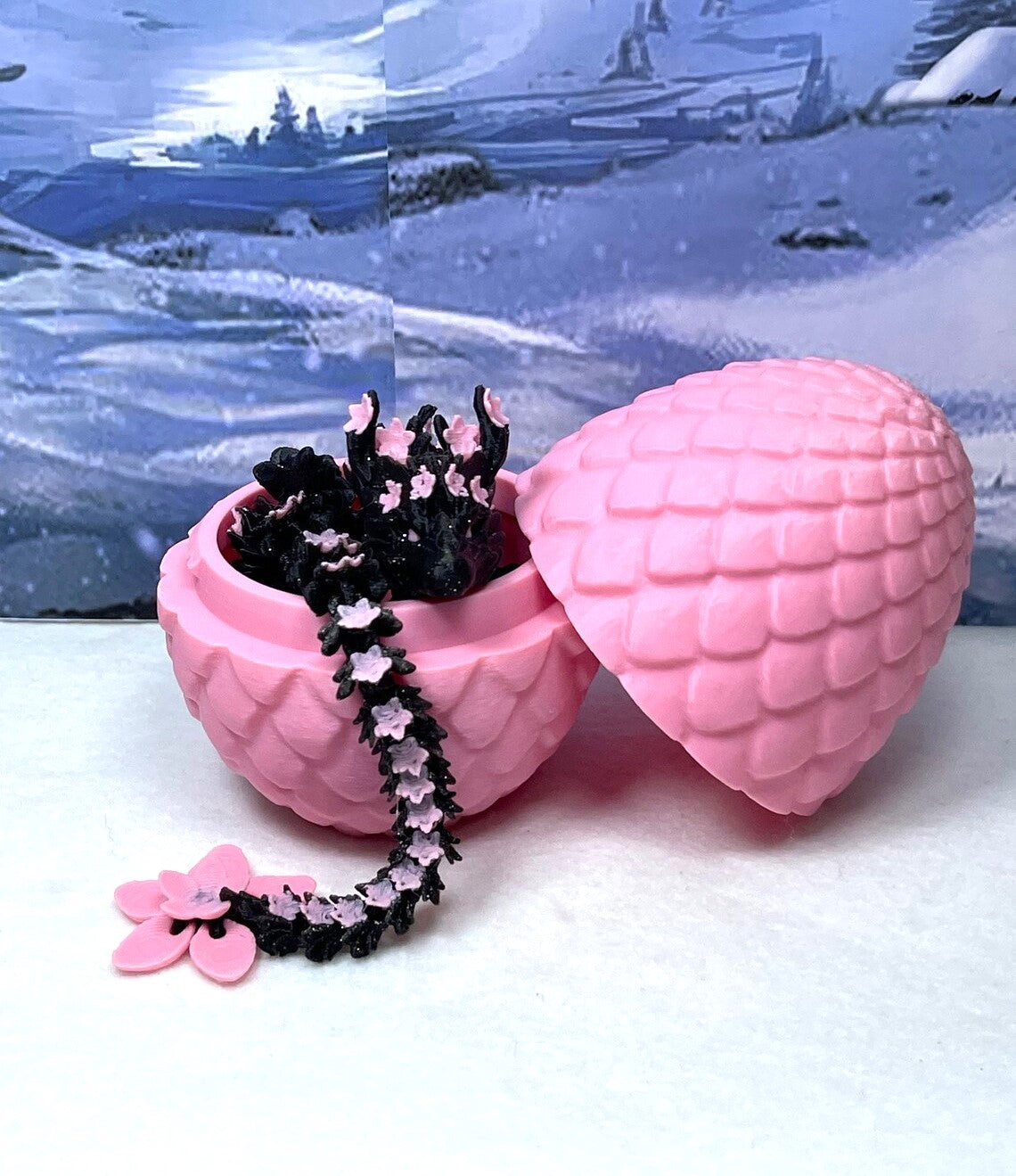 3D Printed Dragon with Dragon Egg, Articulated Dragon, 12" Black and Pink Cherry Blossom Dragon, Fidget Sensory Toy, Flexible ADHD, Autism, Relief Anxiety D028-PE