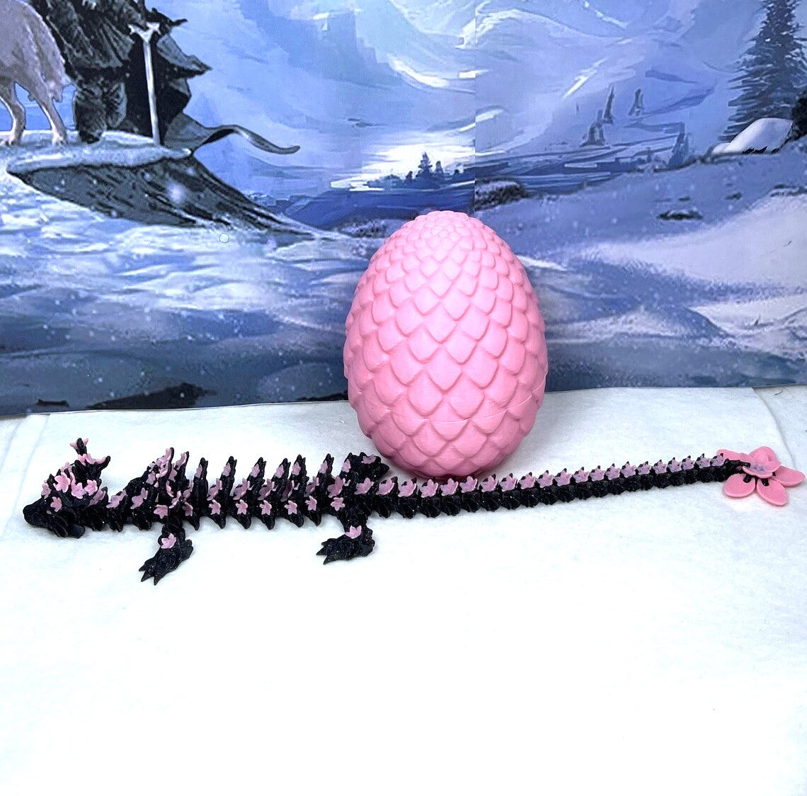 3D Printed Dragon with Dragon Egg, Articulated Dragon, 12" Black and Pink Cherry Blossom Dragon, Fidget Sensory Toy, Flexible ADHD, Autism, Relief Anxiety D028-PE