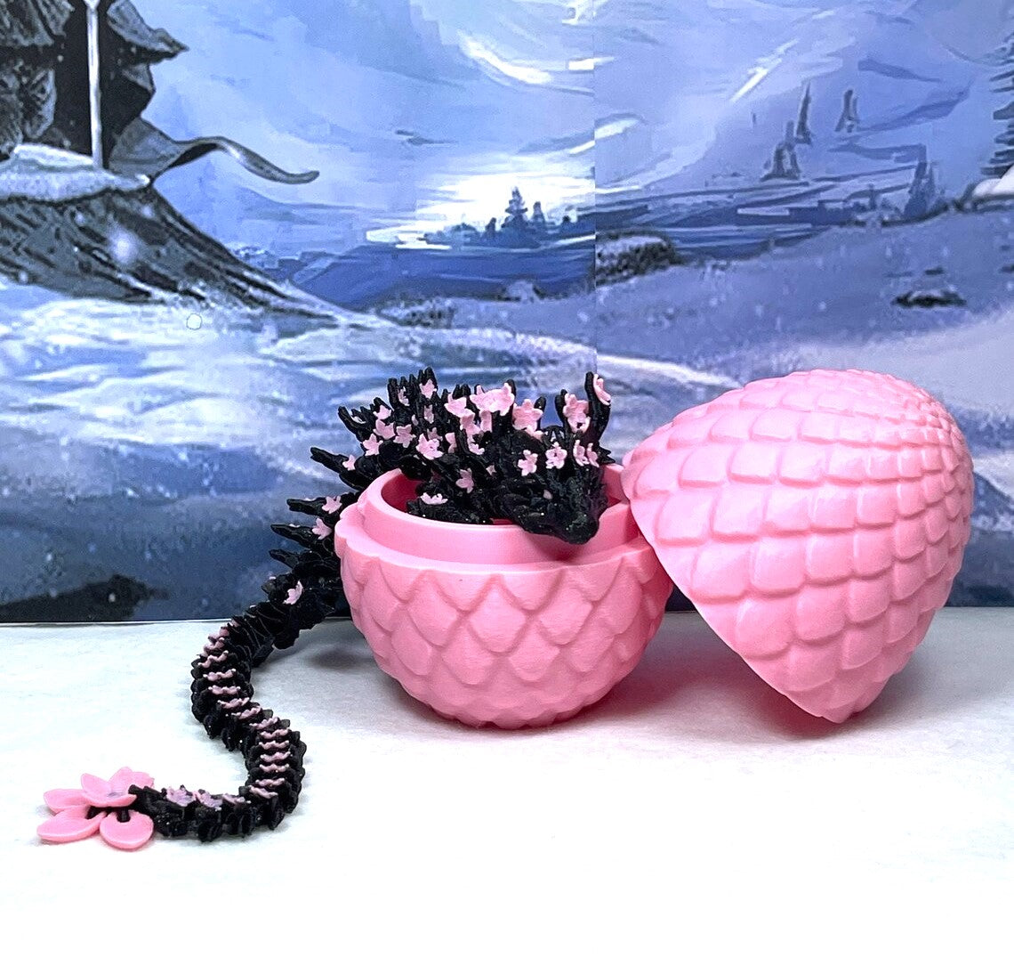 3D Printed Dragon with Dragon Egg, Articulated Dragon, 12" Black and Pink Cherry Blossom Dragon, Fidget Sensory Toy, Flexible ADHD, Autism, Relief Anxiety D028-PE