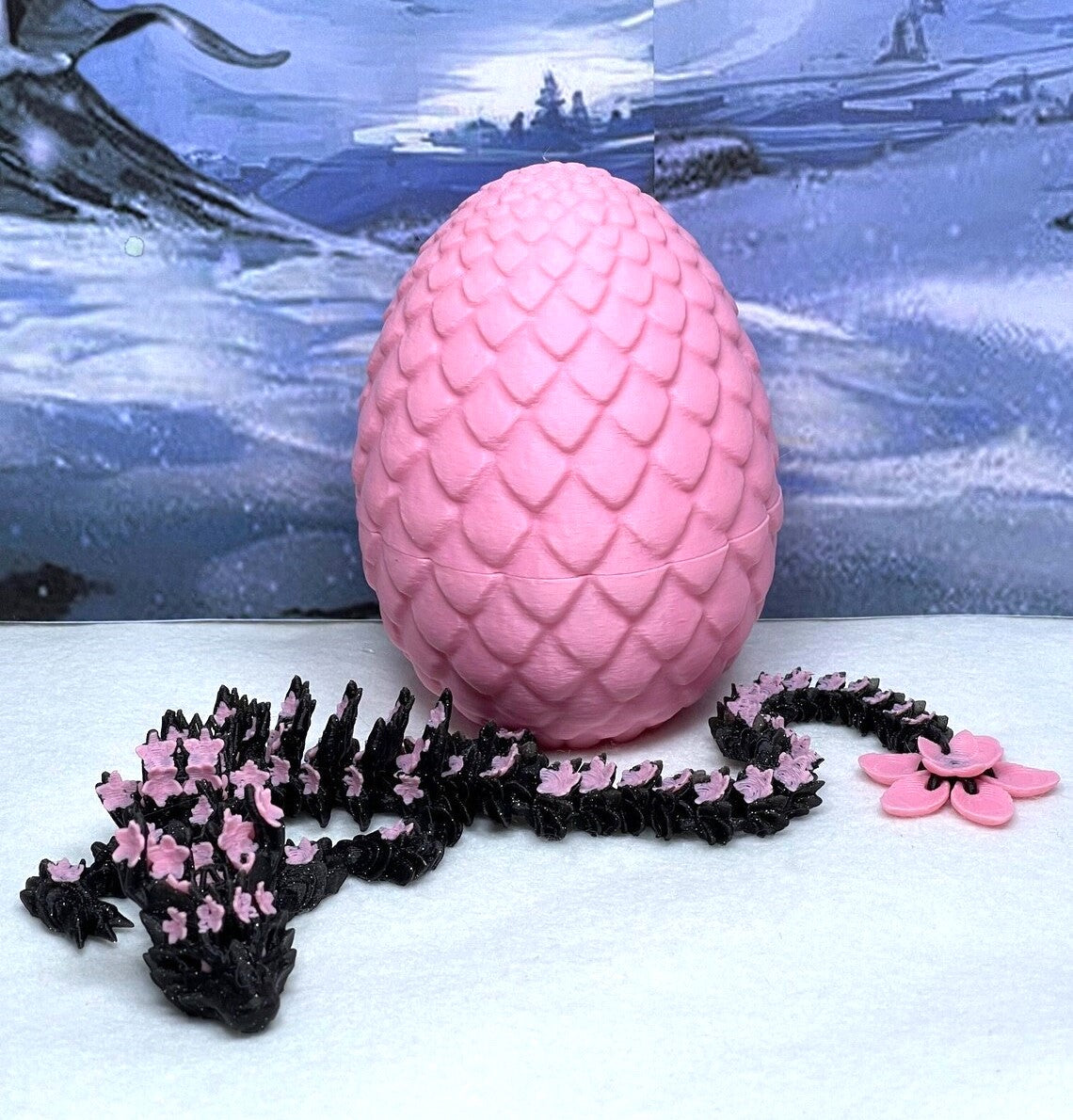 3D Printed Dragon with Dragon Egg, Articulated Dragon, 12" Black and Pink Cherry Blossom Dragon, Fidget Sensory Toy, Flexible ADHD, Autism, Relief Anxiety D028-PE